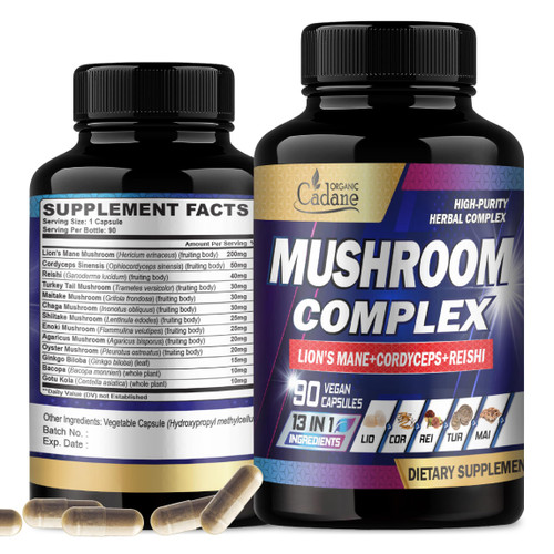Organic Cadane Mushroom Complex Supplements for 3-Month Supply - 13in1 Lions Mane, Cordyceps Sinensis, Reishi, Turkey Tail Mushroom, Maitake, Chaga, Shiitake, Enoki, and More - 90 Vegan Capsules
