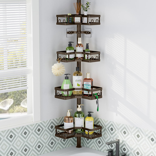 HEVEL Corner Shower Caddy Tension Pole, 4 Tier Adjustable Shower Organizer Corner 62-115 Inch, Rustproof Bathroom Shower Shelves for Bathtub Storage,Bronze