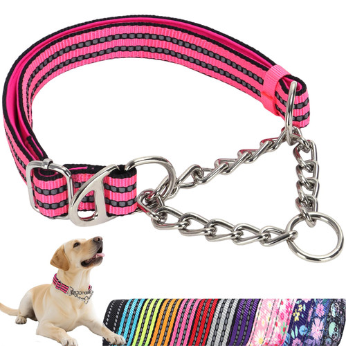 Reflective Martingale Dog Collar with Chain,Comfort Padded Strap No-Pull Dog Collar,Choke Dog Collar for Medium to Extra Large Dogs for Training, Walking, Hunting (Pink L)
