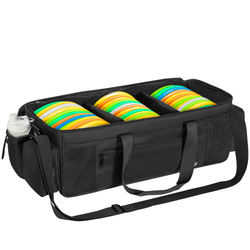 Disc Golf Storage Bag 25 X 10.2 X 10.2 Inch Large Capacity Can Hold 36+ Discs with 3 Dividers and Multi Side Pockets, Black