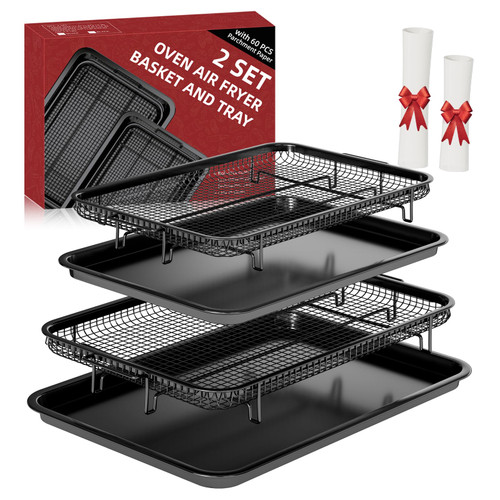 Air Fryer Basket for Oven, 2 Set Air Fryer Basket and Tray Set with 60 Sheets Parchment Papers,THORSES Stainless Steel NonStick Air Fryer Pan and Crisper Tray-Black Large15.7“×11.6” & Medium12.8"×8.9"