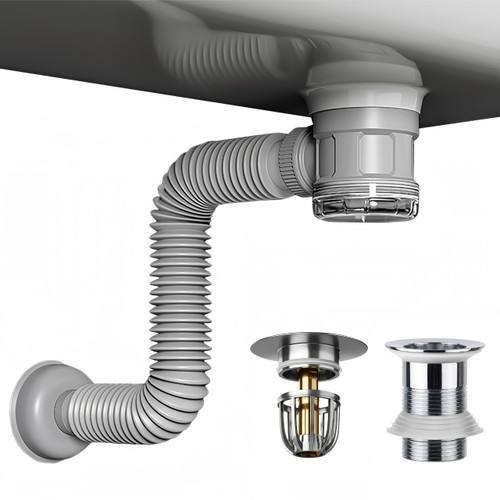 Bathroom Sink Drain Kit with Flexible Expandable Pipe: Odor-Free & Backflow-Preventing, Space-Saving Design without a P-trap, For 1-1/4'' & 1-1/2'' Drain Hole (Chrome, Without Overflow)