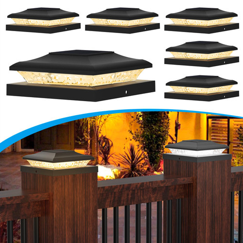 TSUNESLUX 6 Pack Solar Post Cap Lights Outdoor, 2 Modes (Warm/White Light) Black Fence Post Solar Powered Lights Waterproof for 5x5, 5.5x5.5, 6x6 Wooden/Vinyl Posts Decorate Garden Deck Patio Porch
