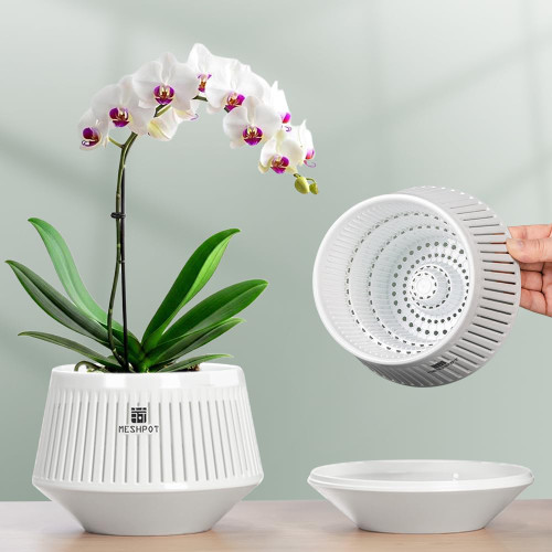Meshpot 5 inch Orchid Pots with Holes for Repotting with Excellent Airflow and No Leaking, Set of 3, Decorative Orchid Planter with Air-Pruning, Plastic White Orchid Container with Saucers