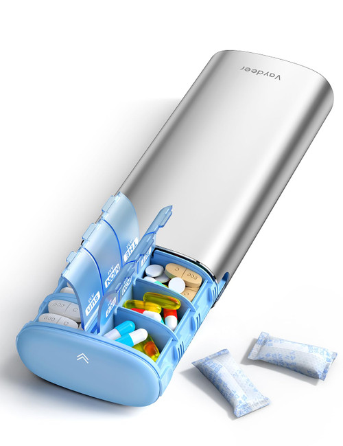 Vaydeer Metal 7 Day Pill Organizer 2 Times a Day – AM PM Weekly Travel Pill Case with Moisture-Proof Desiccant, Airtight Large Capacity Pill Box for Vitamins, Medications & Supplements (Silver)