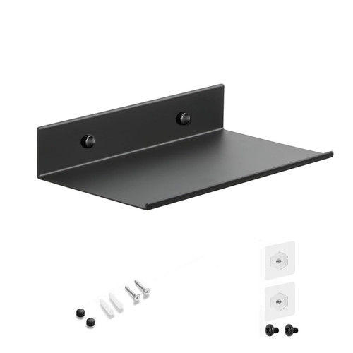 Z metnal Small Adhesive Floating Shelves, Mini Metal Shelf, Decor Display Wall Shelf, Aluminum, Wall Mounted, Matt Black, 8 inch,1 pcs