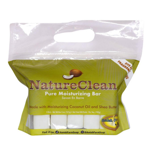 Amish Farms Pure Moisturizing Fragrance Free Bars with Coconut Oil & Shea Butter for Sensitive Skin - Made in USA | Women & Mens Face - Body Bar for Shower | NatureClean | 5oz Ea (5 Bars)