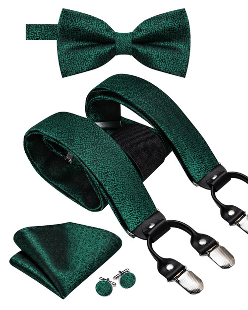 Dubulle Mens Clips Suspenders and Pretied Bowtie Set Y Shape Adjustable Paisley Checks Braces Pocket Square,Emerald Green