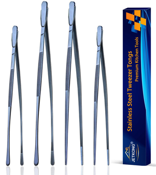 JETKONG 4 Pcs Kitchen Tweezers, 12'' and 10'' Stainless Steel Cooking Tweezers Set, High-Precision Tweezers Tongs for Cooking, Repairing, Seafood and BBQ (Blue)