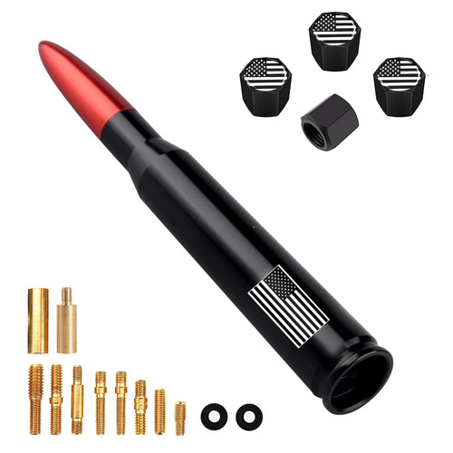 Truck Bullet Antenna with Valve Stem Caps, Mast for GM Ford F150 F250 F350 Chevy Silverado 1500 2500 3500 HD Avalanche Denali Heavy Duty Pickup Trucks Accessories (Red)