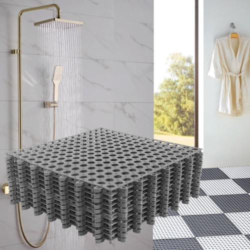 12 Pack 11.8" x 11.8" Interlocking Floor Tiles with Drain Holes Soft PVC Non Slip Shower Floor Mat Modular Interlocking Cushion Mat for Drain, Pool, Patio, Balcony, Kennel, Poultry, Floor Grid, Grey