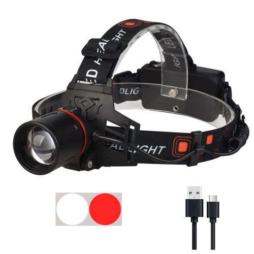 WINDFIRE Rechargeable Headlamp White Red LED Hunting Headlamps Super Bright 4 Modes 90° Adjustable Zoomable Head Lamp for Running Camping Hiking Fishing Night Vision Astronomy