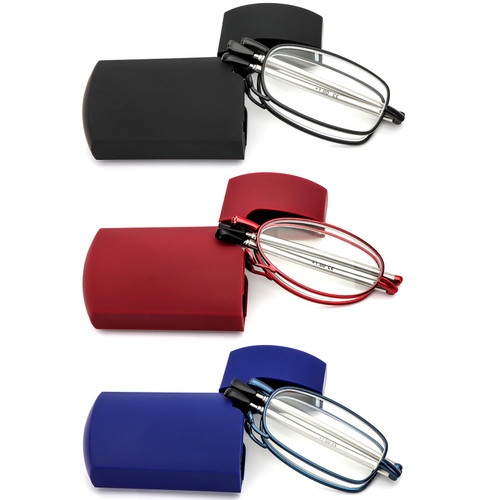 REAVEE 3 Pack Folding Reading Glasses for Men Women, Blue Light Blocking Computer Readers Spring Hinge with Small Compact Case, Black Red Blue 1.5