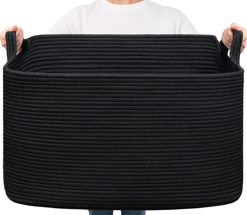 Goodpick Extra Large Storage Basket, 23.6" x 15.7" x 13.8" Rectangle Cotton Rope Basket for Blankets, Pillows, Toys, Woven Dirty Clothes Baskets for Laundry, Black