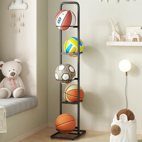YIILII Vertical Ball Storage Rack - Adjustable 5-Tier Sports Organizer Stand for Basketball, Soccer, Volleyball and More（56.7inches）