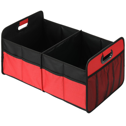 Simple Deluxe Trunk Organizer for Car/SUV/Truck, Collapsible 2 Compartment 50L Automotive Storage Box with 5 Pocket, 600D Waterproof Oxford Polyester, Anti-slip & Leak-proof, Red
