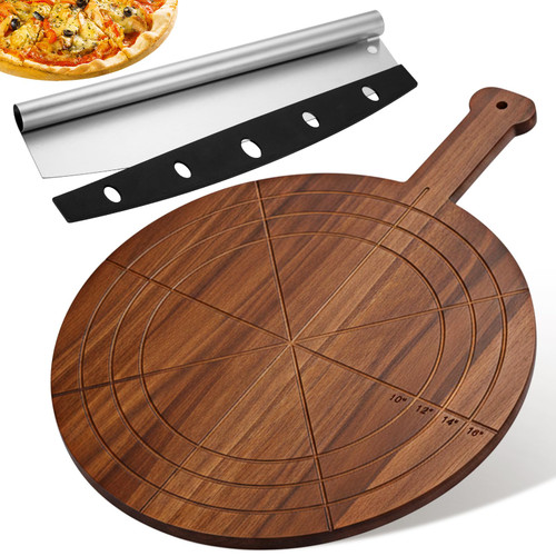 Pickmesh Pizza Cutter and Round Pizza Board Gift Set 16 Inch Paddle Cutting Board with Handle Stainless Steel Food Slicer Acacia Wooden Tray Platter with Engraved Sizes for Cutting Baking