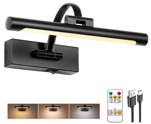 Tassuowell Battery Powered Picture Light with Remote and Timer,Full Metal Art Light with Swing Arm,12 Inch Dimmable,3CCT in One, Rechargeable Wall Lights for Display, Artwork, Canvas,Hallway