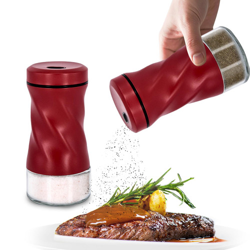 Red Salt and Pepper Shakers with Adjustable Pour Hole, NEODACO Glass Shaker with Stainless Steel Lids for Home, Restaurants, and Weddings, Ideal for Himalayan, Black Pepper, Kosher, and Sea Salts