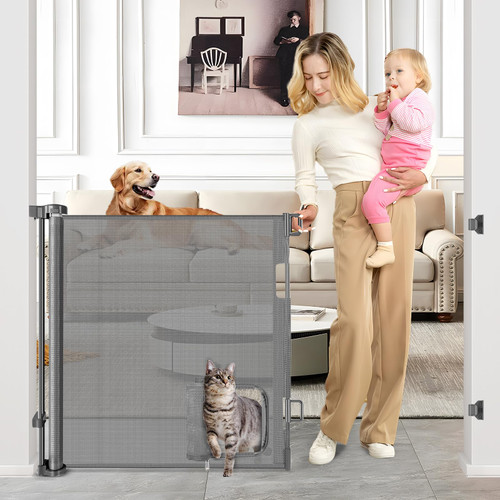 Retractable Dog Gate with Cat Door 55" Wide Retractable Pet Gate with Cat Door Mesh Dog Gate Retractable Baby Gates for Doorway Retractable Puppy Gate for The House Retractable Outdoor Gate for Deck