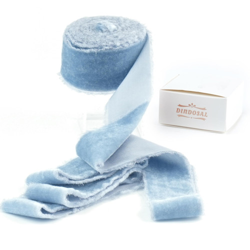 DINDOSAL Dusty Blue Velvet Ribbon 1.5 inch French Blue Frayed Velvet Ribbon Blue Raw Edge Ribbon for Wreaths, Christmas Thanksgiving Decor, Flower Bouquet, Gift Wrapping, Bows Making -3 Yards