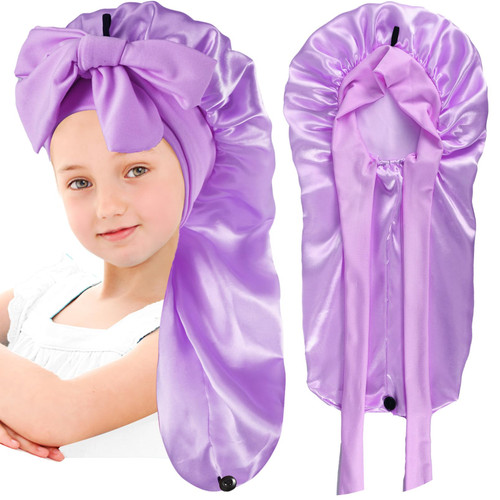IJRPLM Kids Long Hair Bonnet for Sleeping - Silk with Tie Band for Braid Curly Hair, Ages 3-12 (Purple)