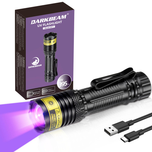 DARKBEAM UV Flashlight 395nm Black Light, Mini but Powerful Blacklight USB- C LED Rechargeable, Focusable Woods Lamp Water Resistant, Detector for Pet Urine, Uranium Glass&Leak Detection, Curing Resin