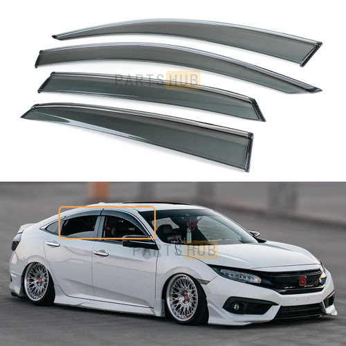 Fits for 2016-2021 Honda Civic 4 Door Sedan JDM Chrome Trim Smoke Tinted Window Visors Rain Guards Deflectors