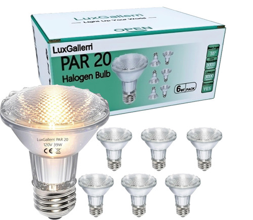 LuxGallerri PAR20 Halogen Light Bulbs 6 Pack 120V 39w Dimmable (PAR20 50W Equivalent), E26 Medium Base Flood Light Bulbs with 3000k Warm White for Kitchen Stove Hood and Range Hood Light Bulb.