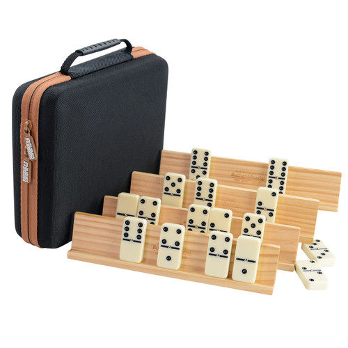 Dominos Set Adults with 4 Domino Racks Double Six Dominoes set in Portable Case Double 6 Domino's Game Set with 4 Wooden Domino Holders in EVA Hard Case Sturdy and easy to carry Ideal Gift Present