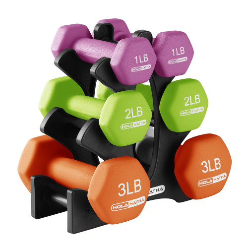 HolaHatha Neoprene Dumbbell Weights Set with Rack, Home Gym Equipment, 12 Lbs, Multicolor - Portable Weighted Exercise Dumbbells for Fitness, Training, and Lifting Workouts