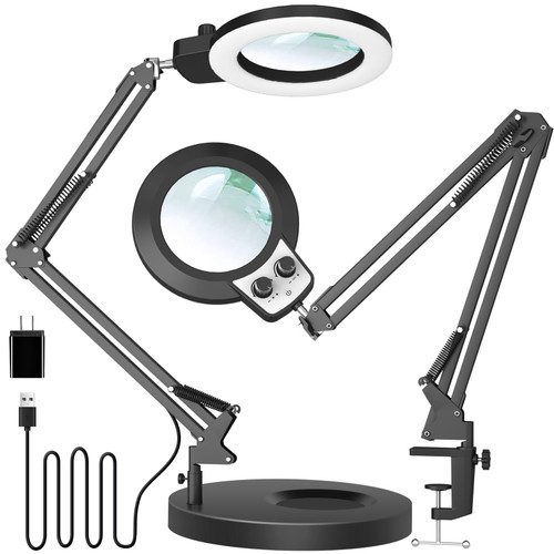 KIRKAS 12X Magnifying Glass with Light and Stand, Any Color Modes & Stepless Brightness LED Magnifying Lamp with Clamp, 2-in-1 Magnifier Glass Lens Desk Lamp for Crafts Hobby Reading Close Work