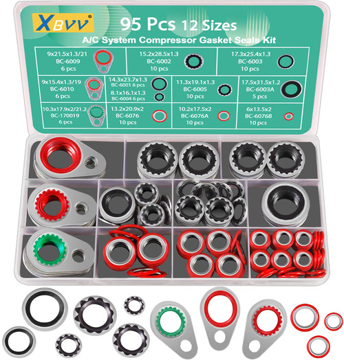 XBVV 95 PCS 12 Sizes Premium A/C Conditioning System Compressor Gasket Seal, Automotive Air Conditioning Compressor Port Seal Gasket Kit Bonded Gasket Seal Assortment Set