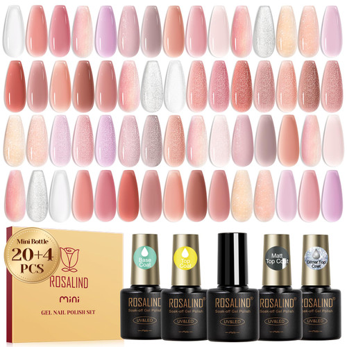 ROSALIND 24pcs Jelly Gel Polish Set, 20 Colors Neutral Pink Nude Sheer White Color Soak Off UV Gel Set with Base Glossy Matte Glitter Top Coat DIY Manicure Gifts