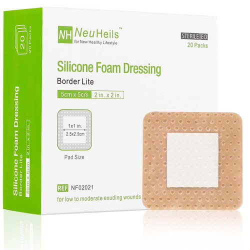 NeuHeils Silicone Foam Dressing Gentle Border Lite 2''x2'', Pad Size 1''x1'', 20 Pack for Small Bed Sore Pressure Ulcer Wound Bandages Patches