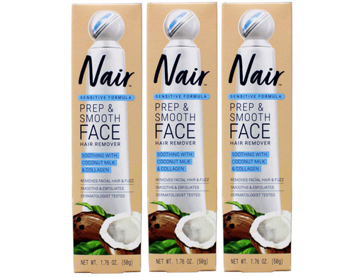 Nair Sensitive Formula Prep & Smooth Face Hair Remover, Soothing with Coconut Milk & Collagen, Removes Facial Hair & Fuzz, Smooths & Exfoliates, Dermatologist Tested, 1.76 oz (Pack of 3)