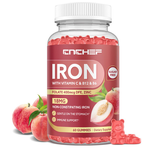 Iron Supplement for Women & Men Gummies, Multivitamin Blood Builder Iron Supplement with Folate Vitamin C B12 B6 Zinc for Adults & Kids - Energy Support - Peach Flavor, Vegan 60 Gummies