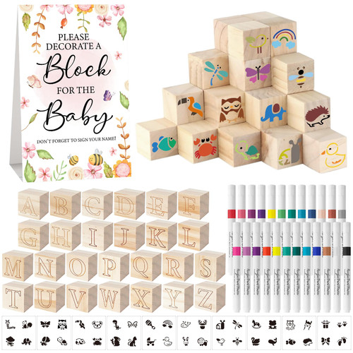 Aisharery 117 Pcs Baby Shower Blocks to Decorate Game Kit Includes 52 Wooden Blocks 24 Markers 1 Game Sign 40 Templates to Paint (Flower)