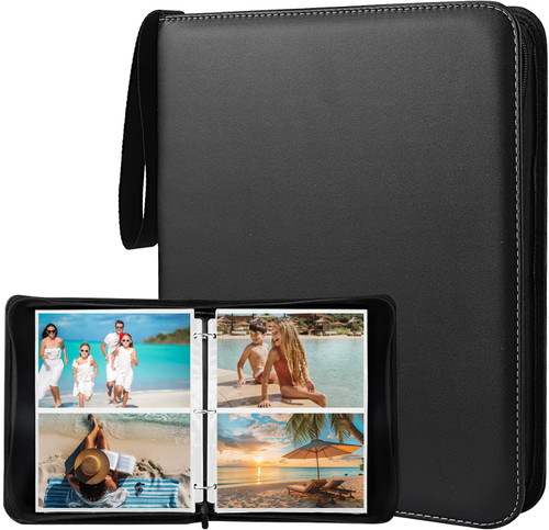 Photo Album 5x7 200 Pockets, Zip Photos Binder Album with 50Pcs Double Sided Pocket Sleeves, PU Leather Pictures Albums Folder, Seed Storage Binder Album (Black)