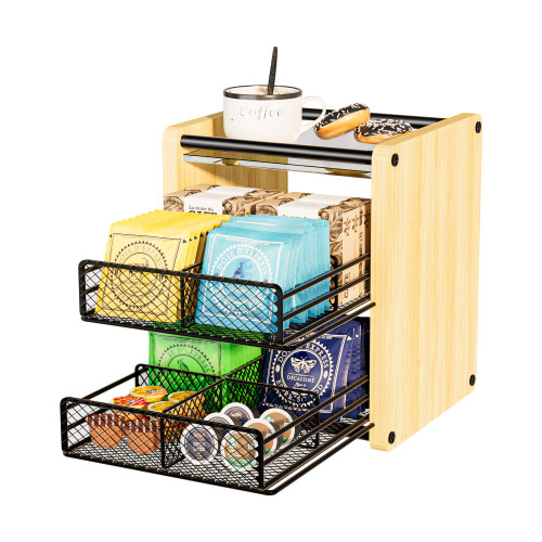 NANAGIFTREE Tea Bag Organizer, Tea Organizer and Storage with Drawers, Tea Box for Tea Bags, Wooden Tea Bag Holder for Kitchen, Countertop, Office, Tea Station (Natural Wood)