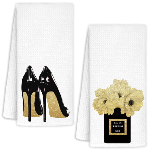 AQYIP Gold and Black Towels for Bathroom Kitchen Decor, Funky Modern Perfume and High Heels Decorative Hand Towels for Girls Bathrooms Dorm, Trendy Girly Bathroom Decor, 16x24 Inch Set of 2