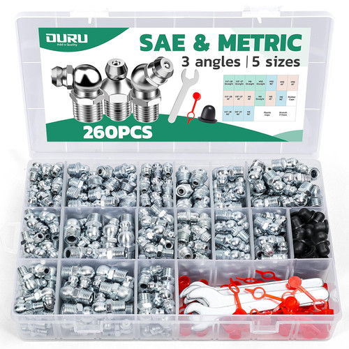 OURU 260PCS Grease Fittings Kit, SAE & Metric Zerk Grease Fittings Straight 45 90 Degree with Grease Fitting Caps & Wrench Kit(7-11mm) for Grease Gun
