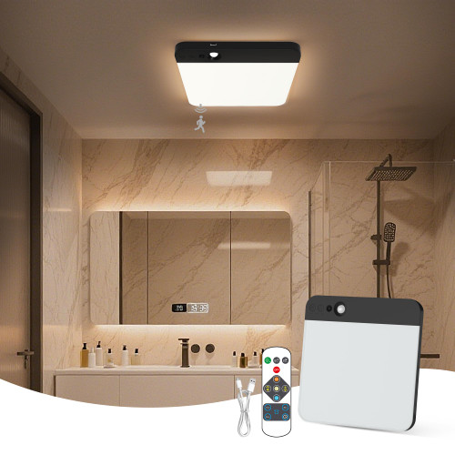 KINDEEP Rechargeable Motion Sensor Ceiling Light: Wireless Ceiling Light with Remote, 3 Color Temperatures Battery Operated Closet Light, Shower, Closet, Stairs, Hallway, Pantry, Black Shade, 1 Pack