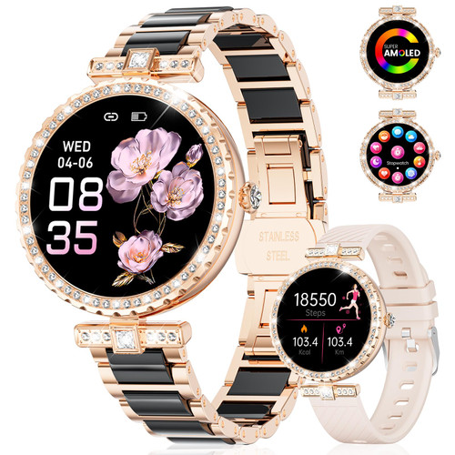 ESFOE Smart Watches for Women,1.19” AMOLED Smartwatch for Android iOS Phone,IP68 Waterproof Fitness Tracker Watch with Heart Rate Sleep Monitor 100+ Sports Pedometer,Ceramic Black(Answer/Make Calls)