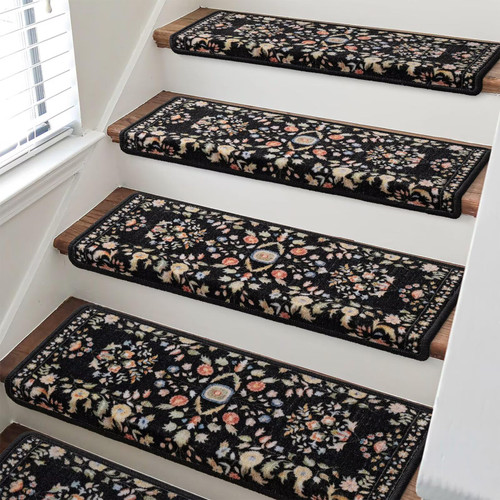 RORA Bullnose Carpet Stair Treads Non-Slip Stair Treads for Wooden Steps,Washable Stair Carpet,Floral Stair Rugs,Runner Indoor Stair Mats for Pets Elder,14pcs,29.5 ''x9.5 ”x1.5 '',Black
