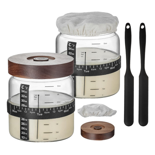 Sourdough Starter Jar 2Pack，Wood Sealed Lid with Automatic Exhaust,35OZ with Ounce Scale Line,Date Marked Feeding Band, Thermometer, Sourdough Jar Scraper,Wide Mouth for Sourdough Bread Baking