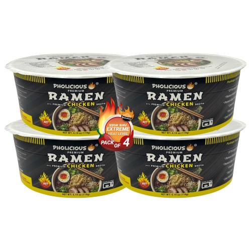 PhoLicious All New Extra Spicy Chicken Ramen Noodles – Premium Instant Ramen Bowl with Real Broth Mix with Spices, Asian Food, Microwavable Cup for Lunch, Meals & Snacks - Chicken Flavor (4 Pack)