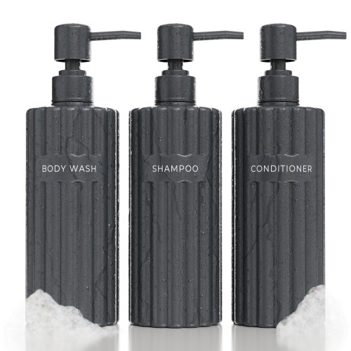 Stylish Shampoo and Conditioner Dispenser Set of 3 - Modern 19oz Shower Soap Bottles with Pump and Labels - Easy to Refill Body Wash Dispensers for an Instant Bathroom Decor Upgrade