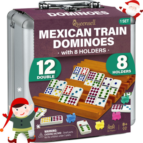 Queensell Mexican Train Dominoes Set with 8 Holders - Wooden Hub and Tiles Holders - Double 12 Tiles with Dots (D12 + 8 Holders)