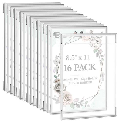 EHWINE 16 Pack 8.5 x 11 Acrylic Sign Holder Wall Mount, Silver Acrylic Picture Frame for Photo Menu Flyer Display Holders, Wedding Party Home Hotel Store(with Adhesive Tape)
